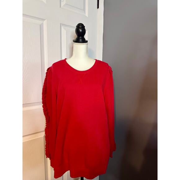 Crown & Ivy top 2x Red Pullover Womens Long Sleeve With Ruffled sleeve - Picture 1 of 6